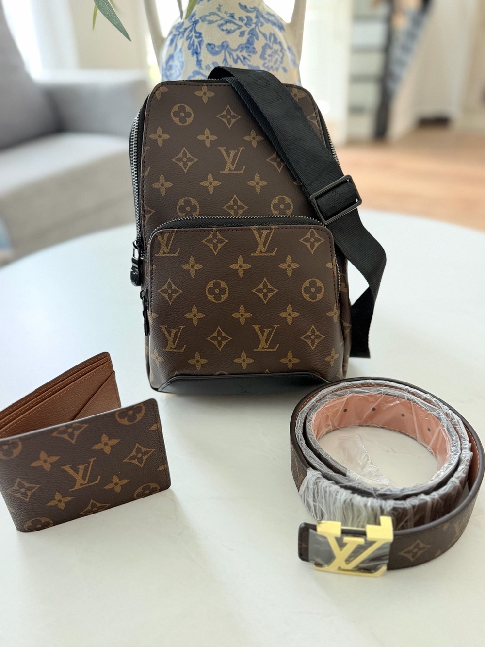 Source Unknown Brown Monogram Canvas Sling Bag with Black Strap